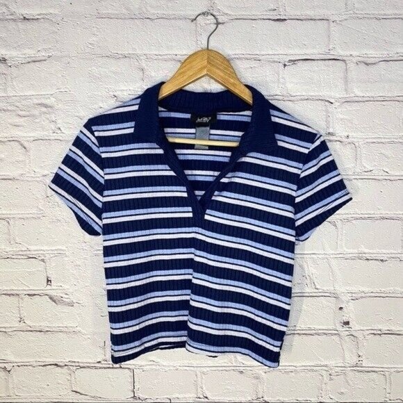 Just Polly NY Women’s Shirt Large Ribbed Blue Stripe Polo Crop Top Y2K 90’s NWOT - Picture 3 of 5